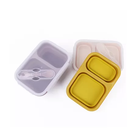 BX0068 2 Compartment Silicone Collapsible Bento Lunch Box With Spoon Lid