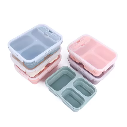 BX0069 3 Compartment Silicone Collapsible Bento Lunch Box With Spoon Lid