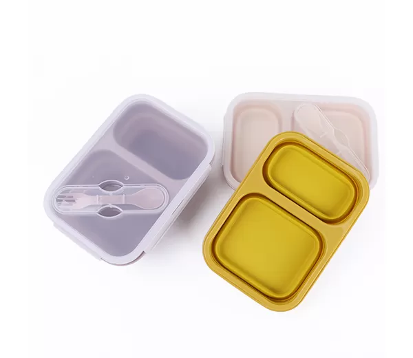 BX0068 2 Compartment Silicone Collapsible Bento Lunch Box With Spoon Lid
