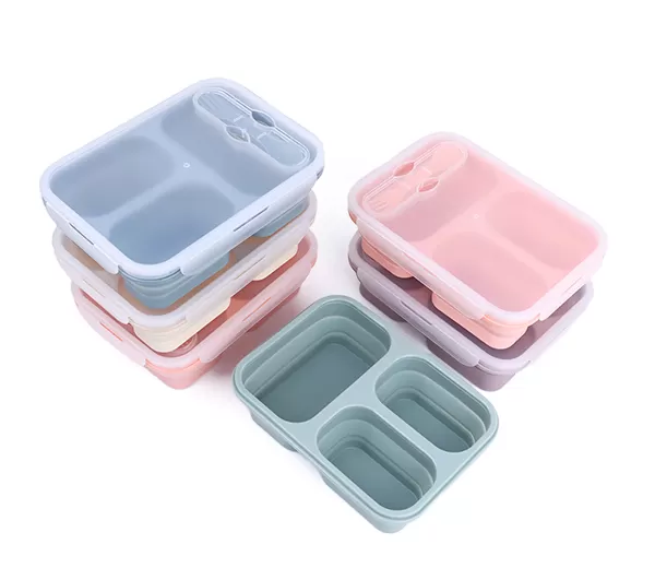 BX0069 3 Compartment Silicone Collapsible Bento Lunch Box With Spoon Lid